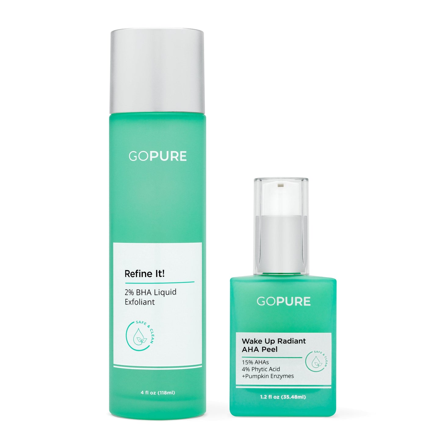 Two GoPure skincare products against a light gray background: a tall bottle of Refine It! 2% BHA Liquid Exfoliant and a shorter bottle of Wake Up Radiant AHA Peel with 15% AHAs, 4% Phytic Acid, and Pumpkin Enzymes.