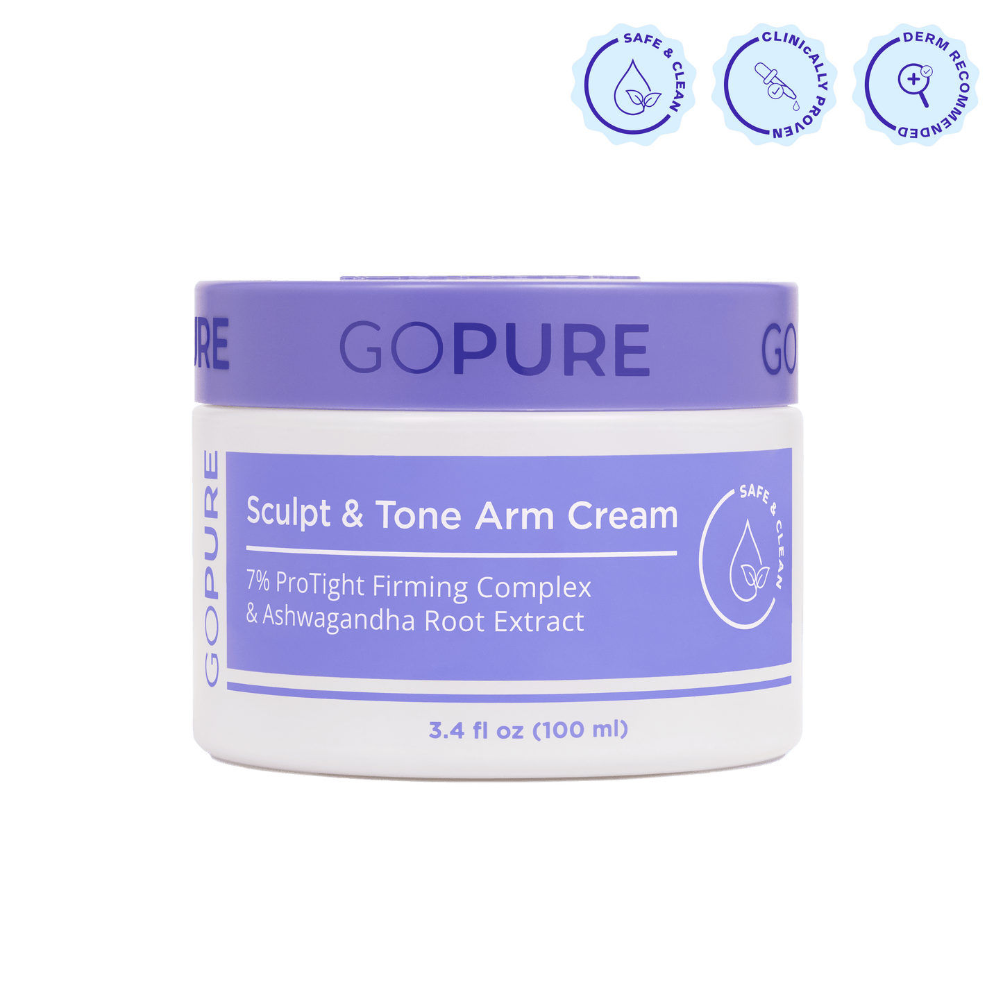 “GoPure Sculpt & Tone Arm Cream jar with a lavender lid and blue label that reads ‘7% ProTight Firming Complex & Ashwagandha Root Extract,’ 3.4 fl oz (100 ml). Above the jar are three round icons labeled ‘Safe & Clean,’ ‘Clinically Proven,’ and ‘Derm Recommended.’