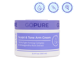 “GoPure Sculpt & Tone Arm Cream jar with a lavender lid and blue label that reads ‘7% ProTight Firming Complex & Ashwagandha Root Extract,’ 3.4 fl oz (100 ml). Above the jar are three round icons labeled ‘Safe & Clean,’ ‘Clinically Proven,’ and ‘Derm Recommended.’