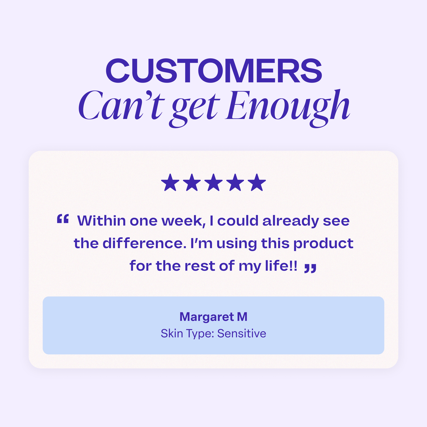 Customer review graphic with the heading ‘Customers can’t get enough.’ Below are five purple stars and a testimonial reading, ‘Within one week, I could already see the difference. I’m using this product for the rest of my life!!’ At the bottom, text reads ‘Margaret M, Skin Type: Sensitive.’