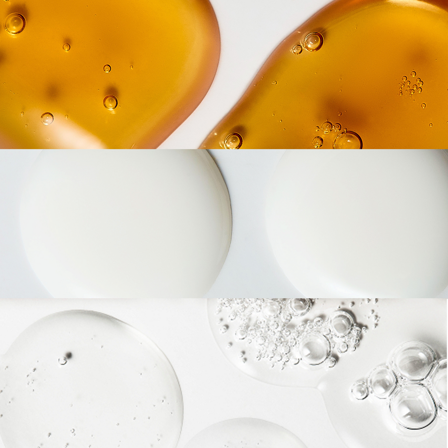 Close-up texture image showing three skincare product textures: golden serum, creamy white lotion, and clear gel, highlighting their glossy, hydrating consistencies.