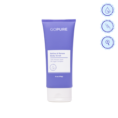 goPure Refine & Renew Body Scrub with a purple container and white cap, featuring text that lists 14% Volcanic Sand and 3% Sugar Complex. Three icons read “Safe & Clean,” “Clinically Proven,” and “Derm Recommended.”