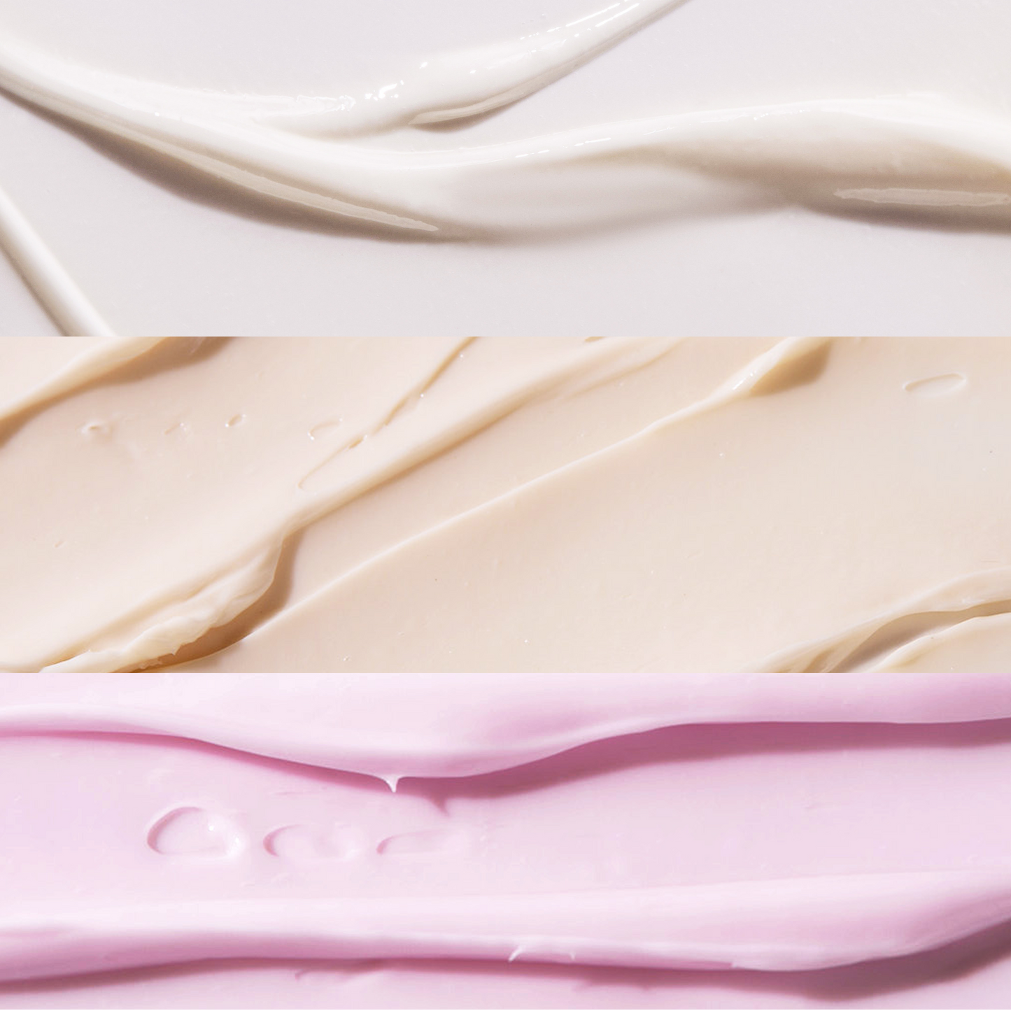 Close-up image showing three horizontal swatches of creamy skincare textures in different shades. The top layer is glossy white, the middle layer is a smooth beige cream, and the bottom layer is a light pink cream. The image highlights the rich, smooth consistency of skincare formulas.