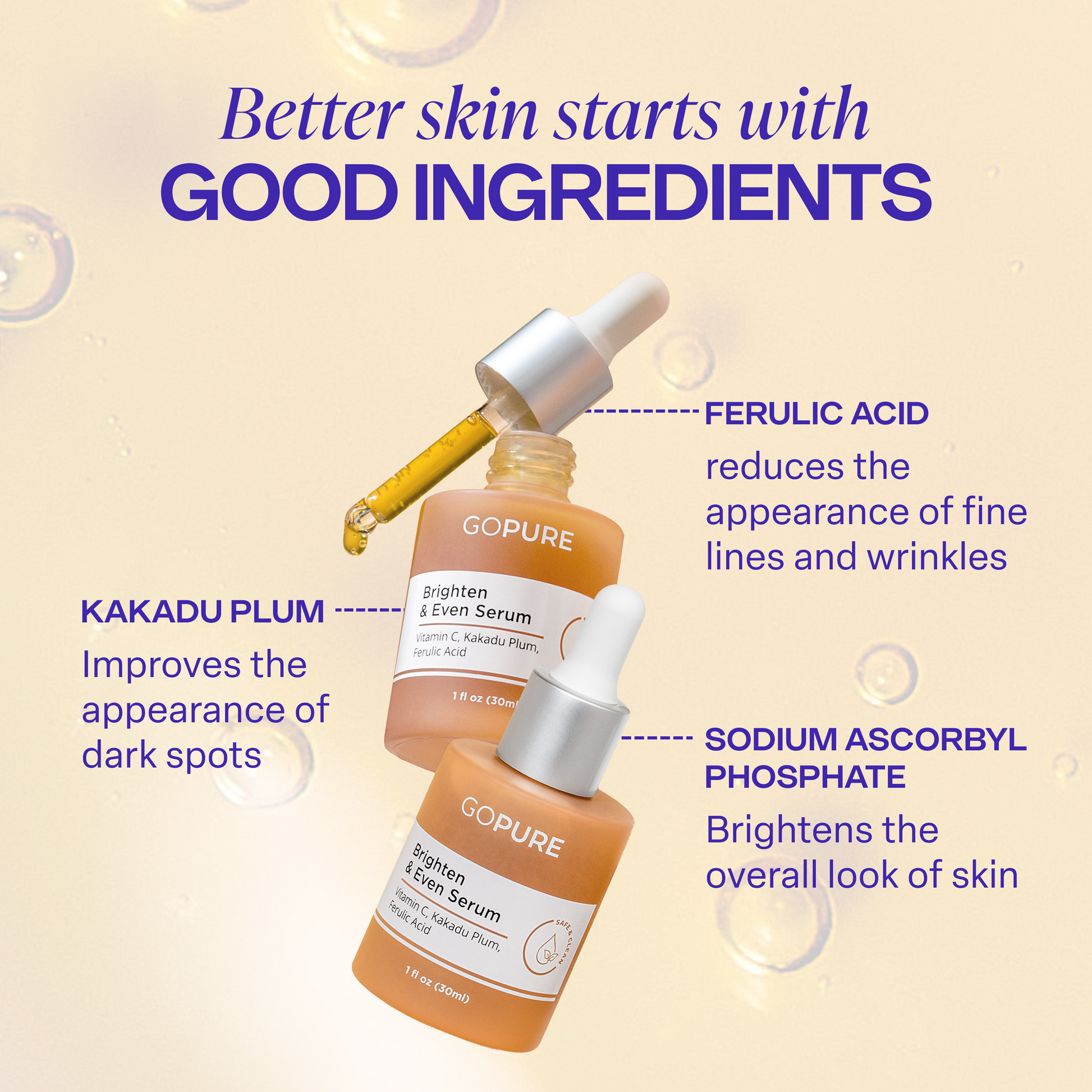 Two bottles of goPure Brighten & Even Serum displayed with golden droplets in the background. One bottle is shown with the dropper dispensing yellow serum. Text reads “Better skin starts with good ingredients,” highlighting key ingredients: Kakadu Plum—improves the appearance of dark spots, Ferulic Acid—reduces fine lines and wrinkles, and Sodium Ascorbyl Phosphate—brightens the overall look of skin.