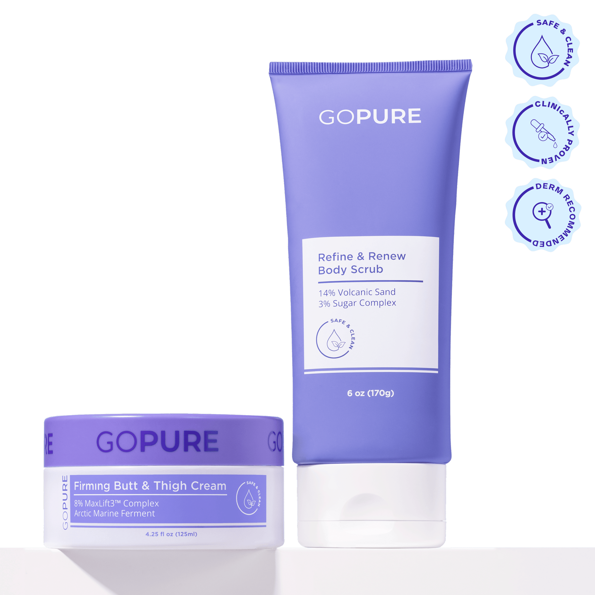 The Refine & Renew Body Scrub in a lavender squeeze tube and the Firming Butt & Thigh Cream in a matching lavender jar. Three circular icons appear on the right indicating that the products are safe & clean, clinically proven, and dermatologist recommended.