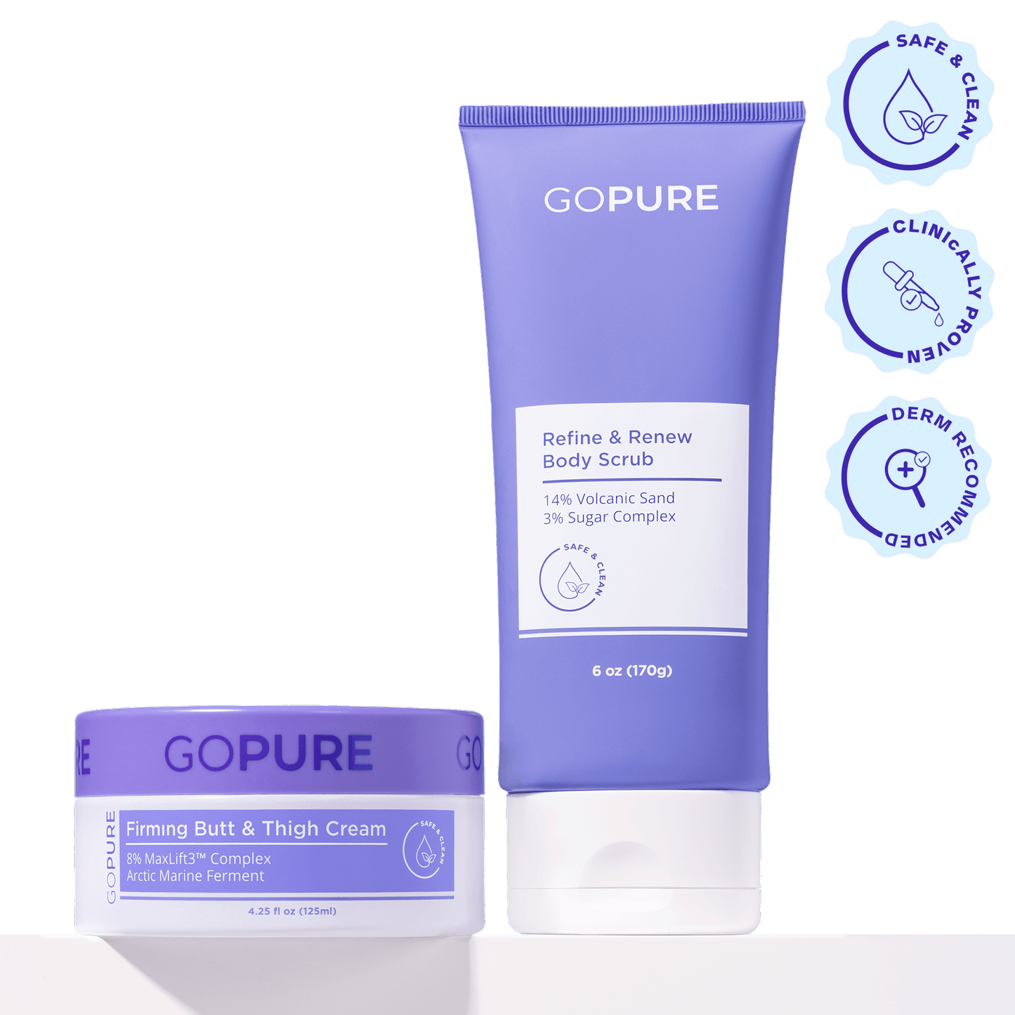 The Refine & Renew Body Scrub in a lavender squeeze tube and the Firming Butt & Thigh Cream in a matching lavender jar. Three circular icons appear on the right indicating that the products are safe & clean, clinically proven, and dermatologist recommended.