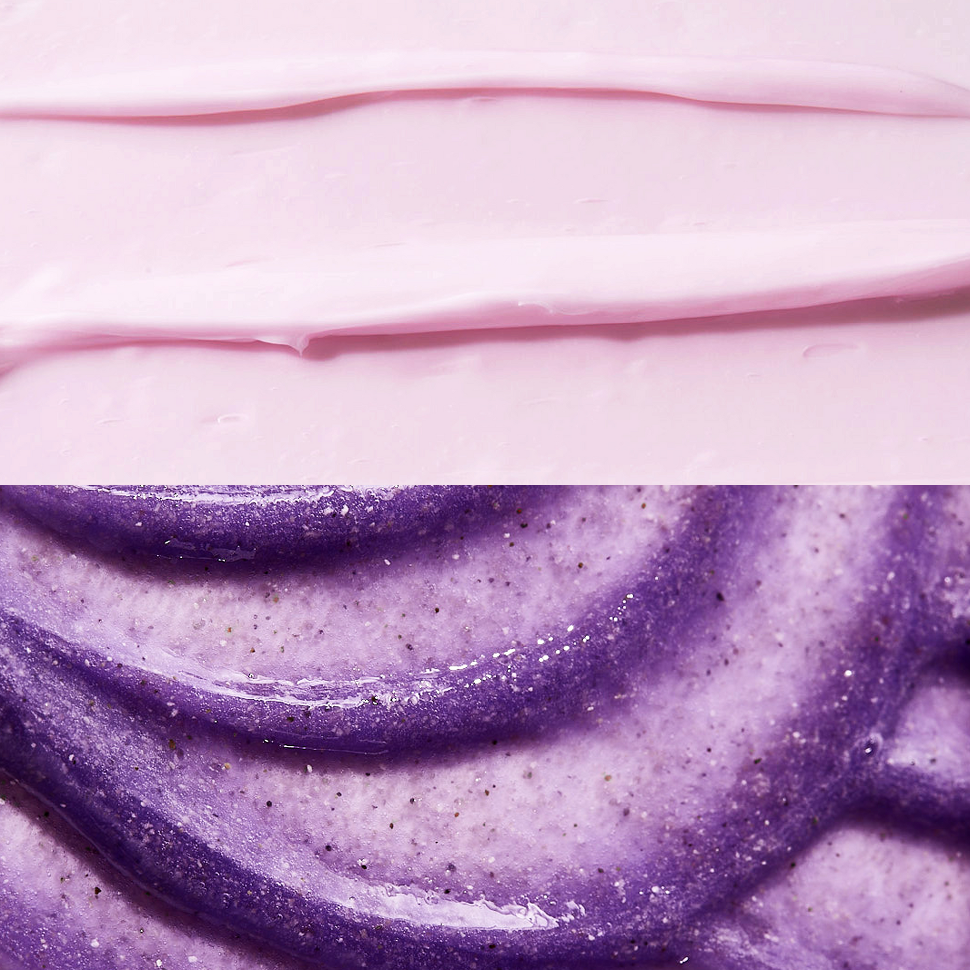 Close-up image showing two goPure skincare product formulas: the top half features smooth, light pink cream, and the bottom half shows thick, purple scrub with fine exfoliating particles.