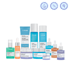 Collection of goPure skincare products including serums, moisturizer, cleanser, toner, SPF, and treatment creams, arranged in a row with “Safe & Clean,” “Clinically Proven,” and “Derm Recommended” icons above.