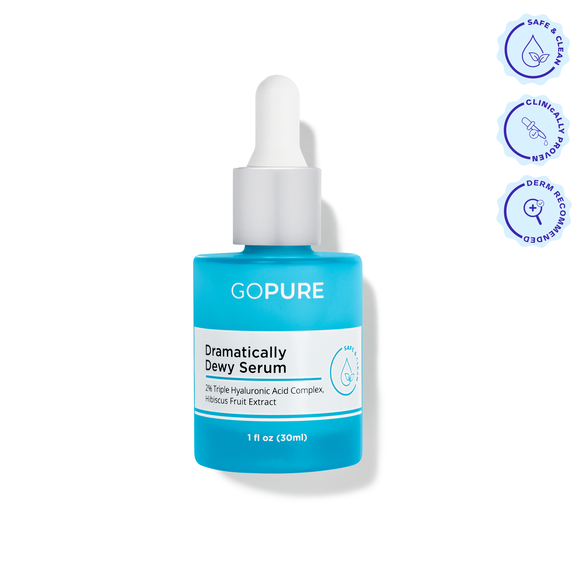 Blue bottle of GoPure Dramatically Dewy Serum with a white dropper cap. The label reads “2% Triple Hyaluronic Acid Complex, Hibiscus Fruit Extract.” Three circular icons above indicate “Safe & Clean,” “Clinically Proven,” and “Dermatologist Recommended.”