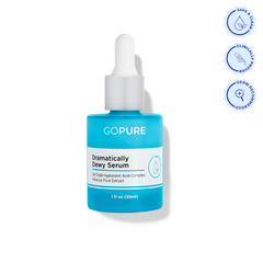Blue bottle of GoPure Dramatically Dewy Serum with a white dropper cap. The label reads “2% Triple Hyaluronic Acid Complex, Hibiscus Fruit Extract.” Three circular icons above indicate “Safe & Clean,” “Clinically Proven,” and “Dermatologist Recommended.”