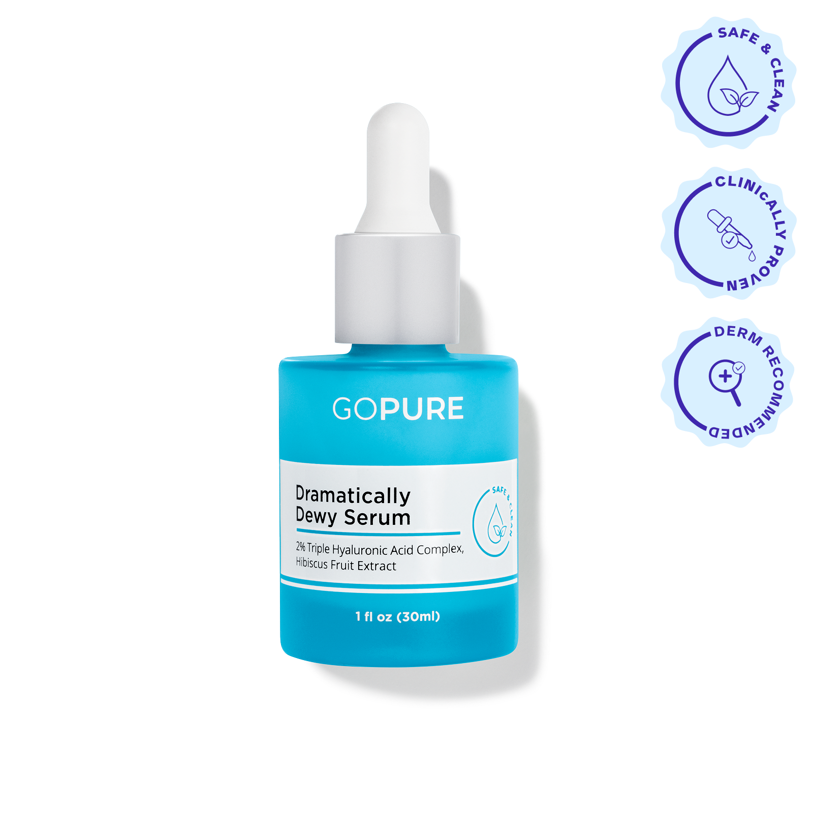 Blue bottle of GoPure Dramatically Dewy Serum with a white dropper cap. The label reads “2% Triple Hyaluronic Acid Complex, Hibiscus Fruit Extract.” Three circular icons above indicate “Safe & Clean,” “Clinically Proven,” and “Dermatologist Recommended.”