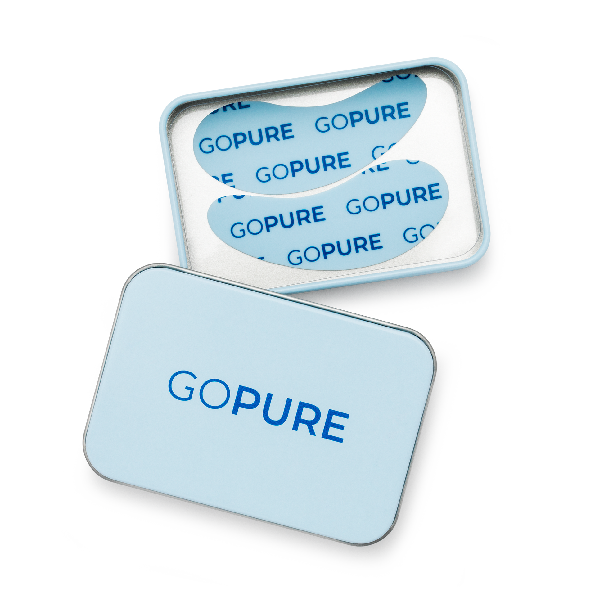 Close-up of open goPure tin showing two reusable under-eye patches in blue.