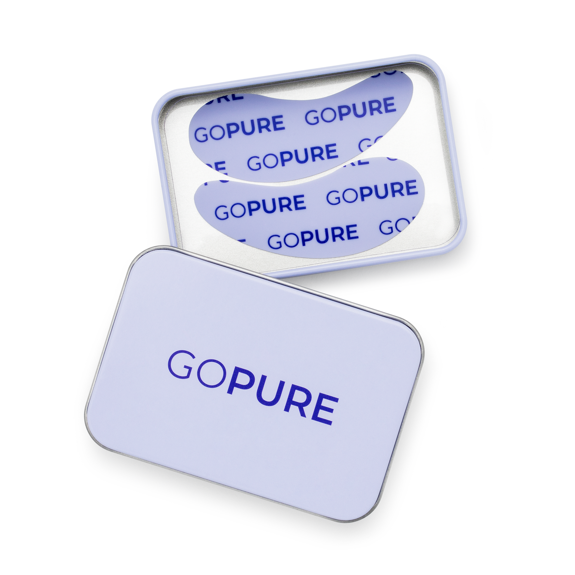 Open silver tin containing two reusable silicone under-eye patches printed with the goPure logo in blue.