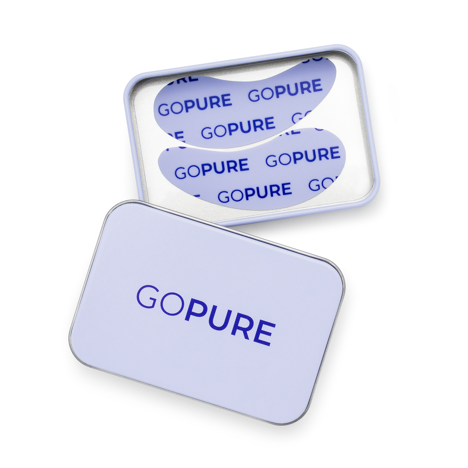 Open silver tin containing two reusable silicone under-eye patches printed with the goPure logo in blue.