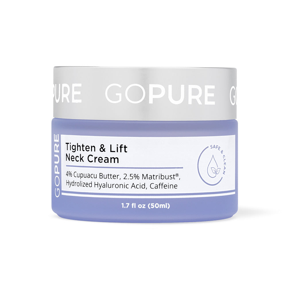GoPure Tighten & Lift Neck Cream in a 1.7 fl oz jar with a white lid and a purple base.