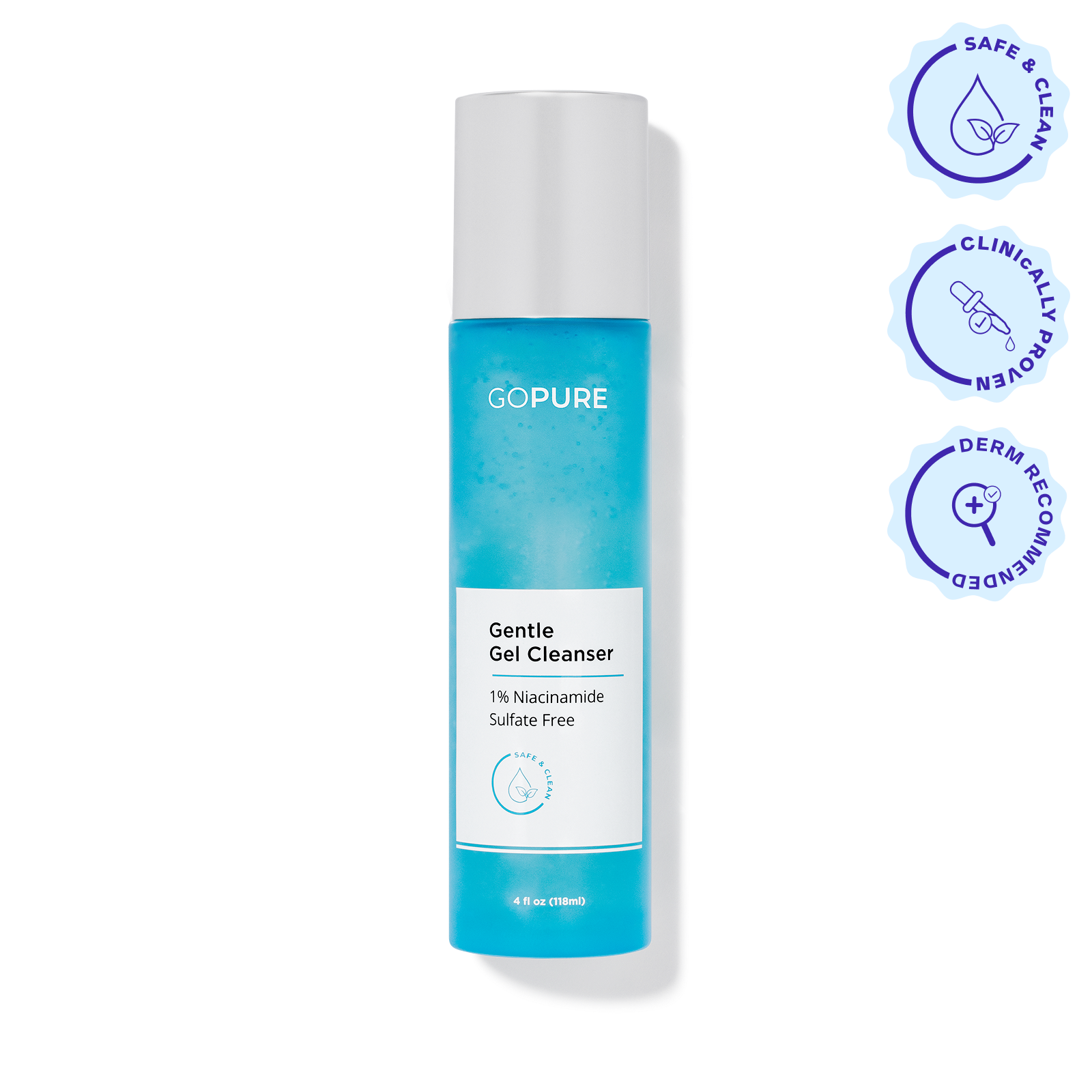 GoPure Gentle Gel Cleanser, labeled “1% Niacinamide, Sulfate Free.” The cleanser is presented upright against a white background with three circular purple icons beside it reading “Safe & Clean,” “Clinically Proven,” and “Derm Recommended.”