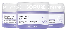 Three jars of GoPure Tighten & Lift Neck Cream against a light blue background. The label highlights 4% Cupuacu Butter, 2.5% Matrixyl®, Hydrolyzed Hyaluronic Acid, and Caffeine.