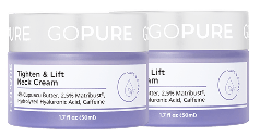 Two jars of GoPure Tighten & Lift Neck Cream stacked against a light blue background. The label highlights 4% Cupuacu Butter, 2.5% Matrixyl®, Hydrolyzed Hyaluronic Acid, and Caffeine.
