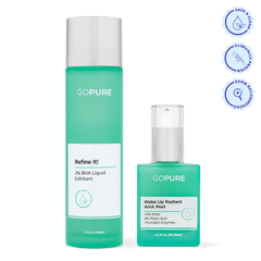 Two green goPure skincare bottles — Refine It! 2% BHA Liquid Exfoliant (4 fl oz) and Wake Up Radiant AHA Peel (1.2 fl oz) — with icons reading “Safe & Clean,” “Clinically Proven,” and “Derm Recommended.”