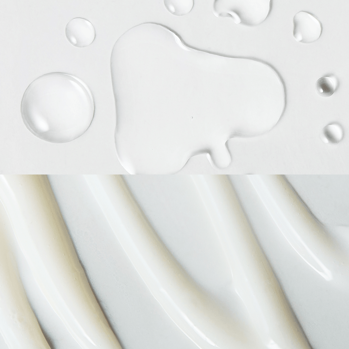 Close-up image showing clear liquid droplets on a smooth white surface above, and creamy white lotion spread below, highlighting glossy and hydrating consistencies.