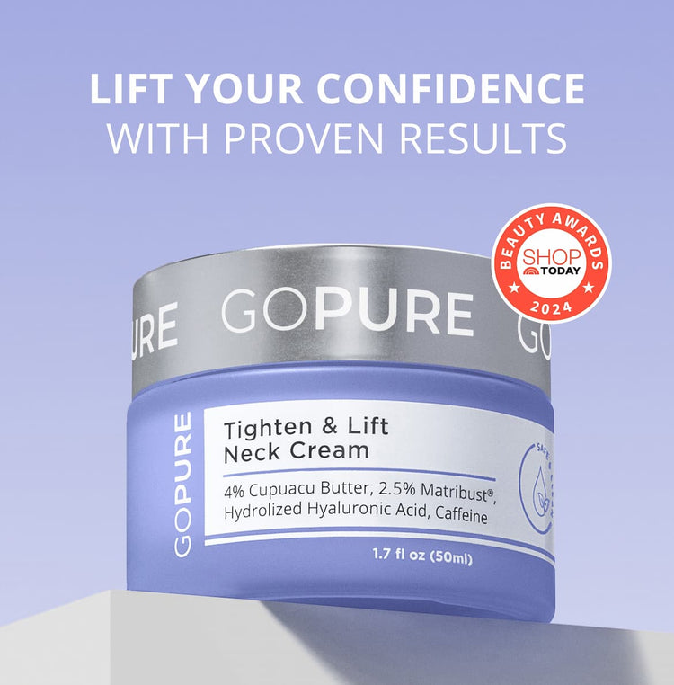 Jar of GoPure Tighten & Lift Neck Cream against a purple background with the text "Lift your confidence with proven results." The label highlights 4% Cupuacu Butter, 2.5% Matrixyl®, Hydrolyzed Hyaluronic Acid, and Caffeine. A "Shop Today Beauty Awards 2024" badge is on the right.