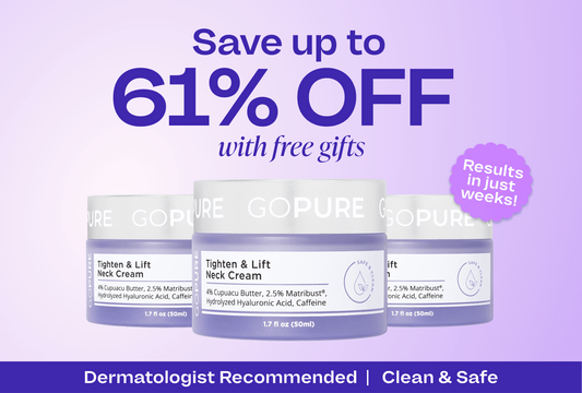 Image showing GoPure Tighten & Lift Neck Cream jars with text that reads ‘Save up to 61% off with free gifts’ and ‘Results in just weeks!’ A banner at the bottom says ‘Dermatologist Recommended | Clean & Safe.’
