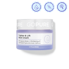Jar of GoPure Tighten & Lift Neck Cream with three icons above it labeled ‘Safe & Clean,’ ‘Clinically Proven,’ and ‘Derm Recommended.