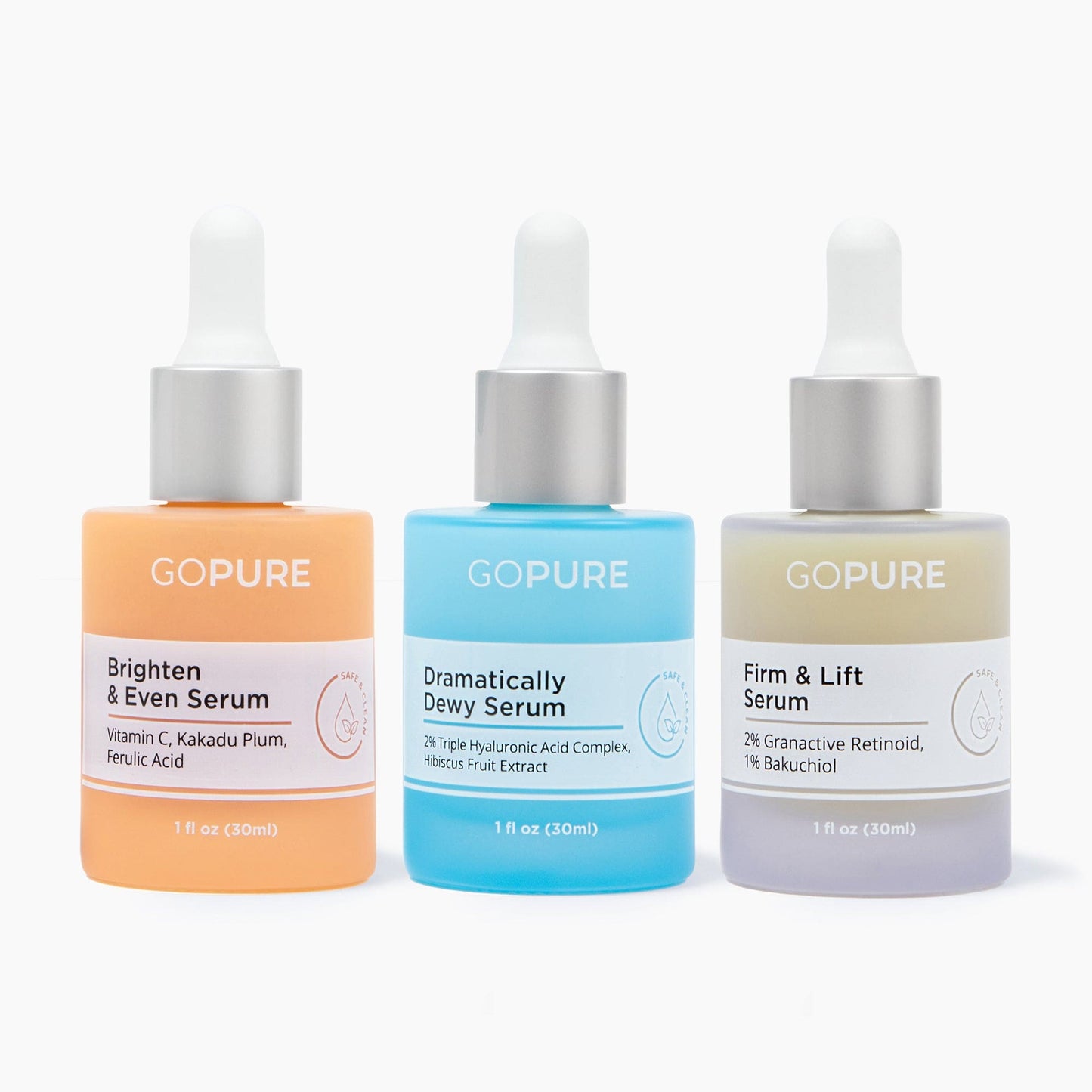 3 serums in 1 fl oz bottles. A blue bottle for the Dramatically Dewy Serum that contains Triple Hyaluronic Acid Complex and Hibiscus Fruit Extract; a peach-color bottle for the Brighten & Even Serum with Vitamin C, Kakadu Plum, and Ferulic Acid; and the Firm & Lift Serum with Granactive Retinoid and Bakuchiol.
