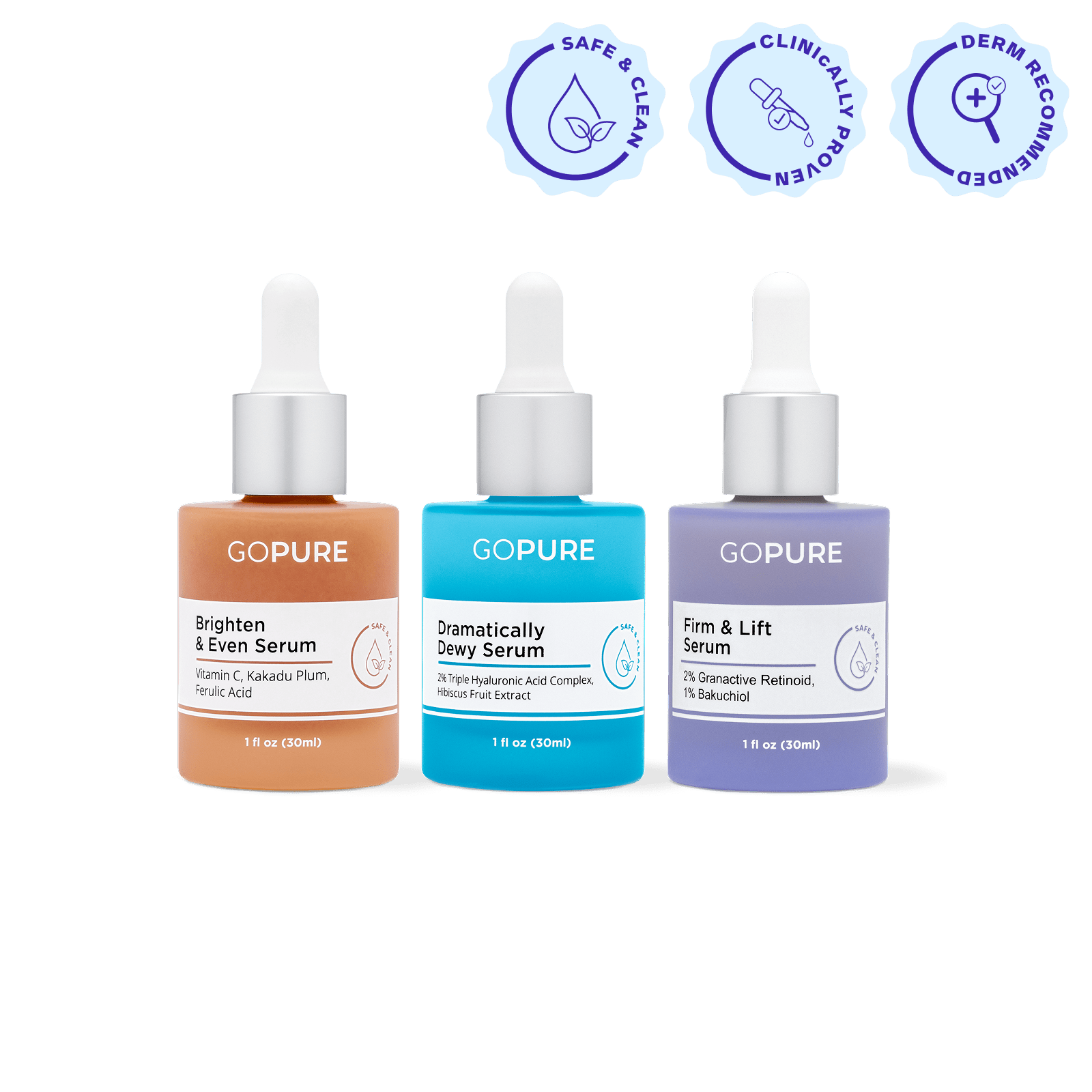 Three goPure skincare serums are displayed side by side: Brighten & Even Serum in amber, Dramatically Dewy Serum in blue, and Firm & Lift Serum in lavender. Each has a white dropper cap and label listing ingredients. Three icons above the products read Safe & Clean, Clinically Proven, and Dermatologist Recommended.
