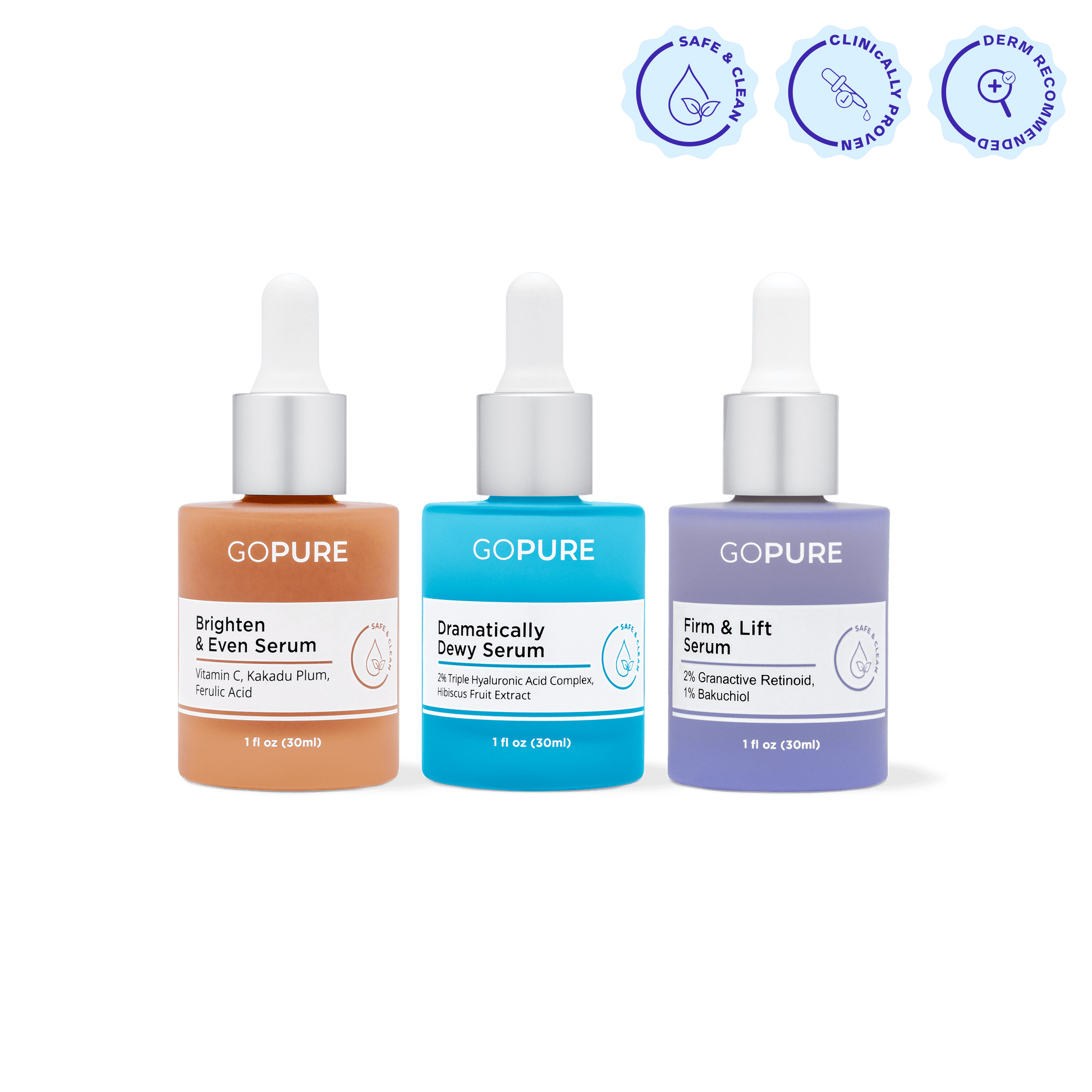 Three goPure skincare serums are displayed side by side: Brighten & Even Serum in amber, Dramatically Dewy Serum in blue, and Firm & Lift Serum in lavender. Each has a white dropper cap and label listing ingredients. Three icons above the products read Safe & Clean, Clinically Proven, and Dermatologist Recommended.
