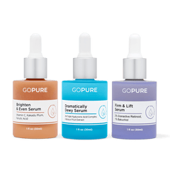 3 serums in 1 fl oz bottles. A blue bottle for the Dramatically Dewy Serum that contains Triple Hyaluronic Acid Complex and Hibiscus Fruit Extract; a peach-color bottle for the Brighten & Even Serum with Vitamin C, Kakadu Plum, and Ferulic Acid; and a purple bottle for the Firm & Lift Serum with Granactive Retinoid and Bakuchiol.