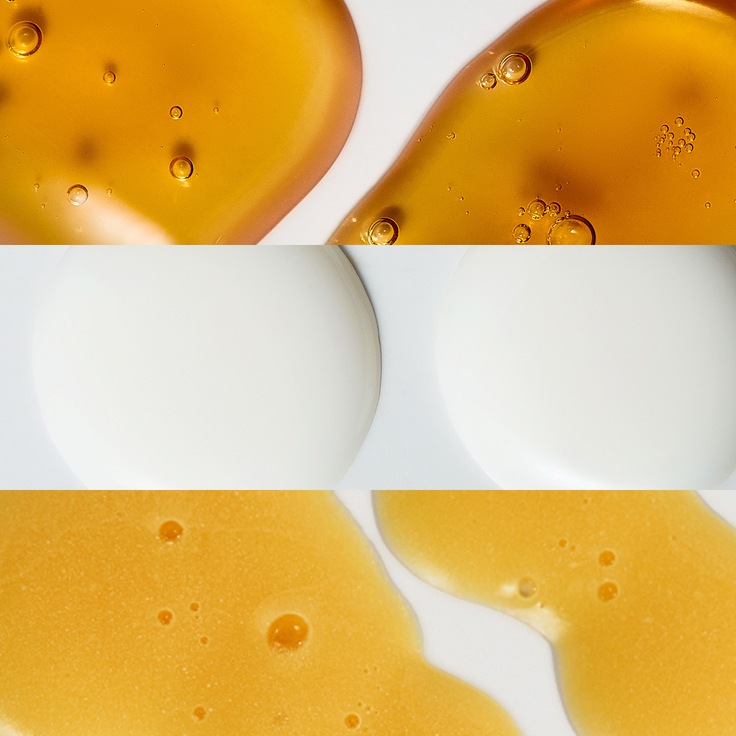 Three rows showing different serum textures on a white background: the top row features golden translucent drops with bubbles, the middle row shows creamy white liquid, and the bottom row has a thicker golden-orange serum with a glossy finish, representing various goPure formulas.