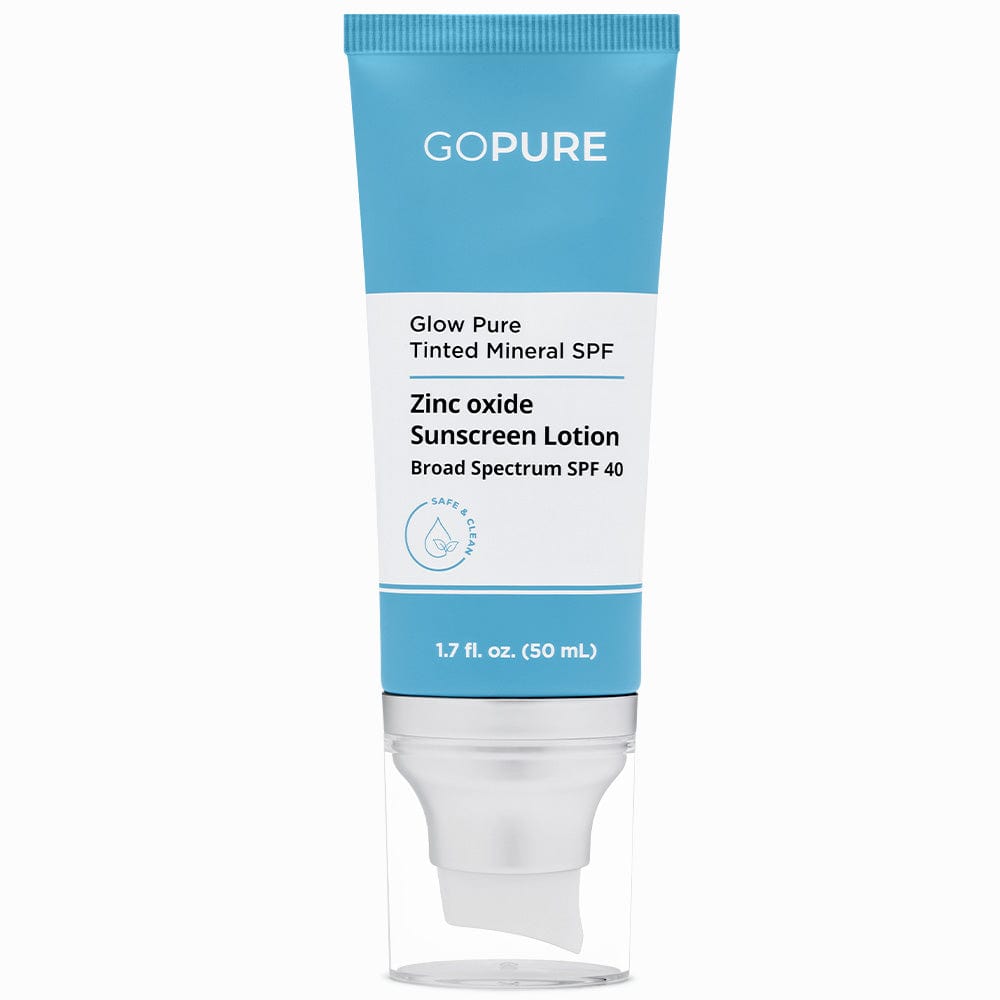 A 1.7 fl. oz. tube of GoPure Glow Pure Tinted Mineral SPF, containing Zinc Oxide Sunscreen Lotion with Broad Spectrum SPF 40, labeled as safe and clean.