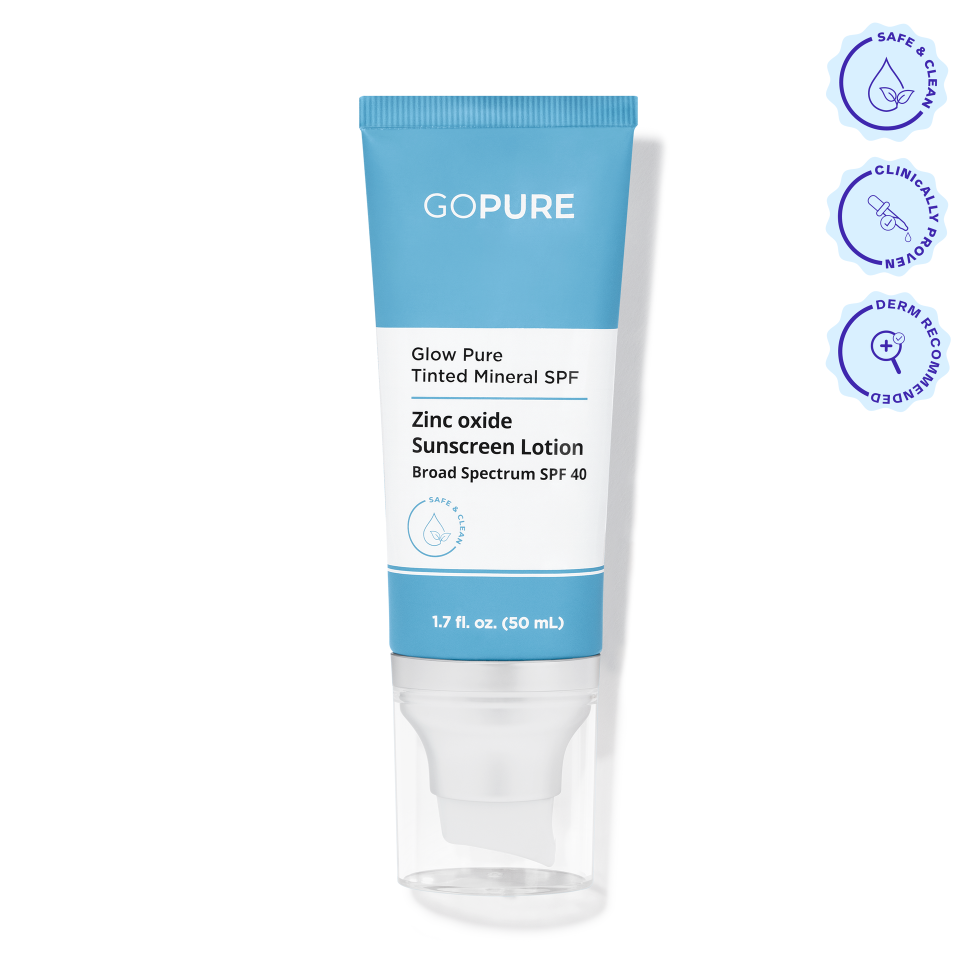 A blue and white tube of goPure Glow Pure Tinted Mineral SPF Zinc Oxide Sunscreen Lotion Broad Spectrum SPF 40 shown upright with a clear pump base. Three icons to the right indicate: “Safe & Clean,” “Clinically Proven,” and “Dermatologist Recommended.”