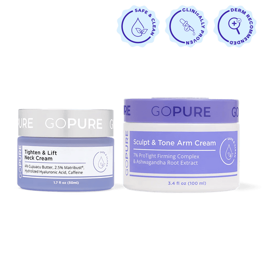 Two goPure skincare creams displayed side by side against a white background — Tighten & Lift Neck Cream in a smaller jar labeled “4% Cupuacu Butter, 2.5% Matribust®, Hydrolyzed Hyaluronic Acid, Caffeine,” and Sculpt & Tone Arm Cream in a larger jar labeled “7% ProTight Firming Complex & Ashwagandha Root Extract.” Above them are icons reading Safe & Clean, Clinically Proven, and Dermatologist Recommended.