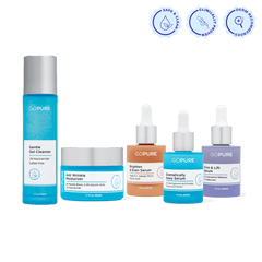 A lineup of five goPure skincare products displayed on a white background. From left to right: Gentle Gel Cleanser (blue bottle with silver cap), Anti Wrinkle Moisturizer (blue jar), Brighten & Even Serum (amber bottle), Dramatically Dewy Serum (blue bottle), and Firm & Lift Serum (lavender bottle). Above the products are three icons labeled “Safe & Clean,” “Clinically Proven,” and “Dermatologist Recommended.”