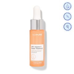 Product image of GoPure 30% Vitamin C Power Treatment. The label mentions Licorice Root Extract and Squalane. Three icons above the bottle indicate “Safe & Clean,” “Clinically Proven,” and “Dermatologist Recommended.”
