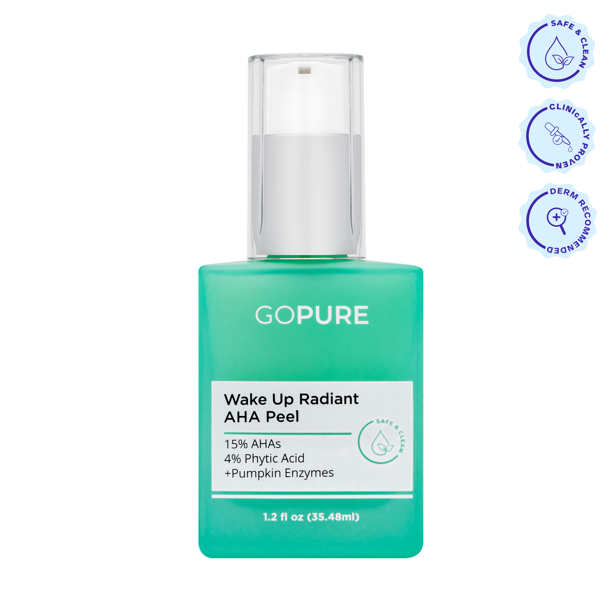 Bottle of goPure Wake Up Radiant AHA Peel with a white pump top and turquoise-green body. The label reads “15% AHAs, 4% Phytic Acid, +Pumpkin Enzymes.” Three circular icons to the right indicate: “Safe & Clean,” “Clinically Proven,” and “Derm Recommended.”