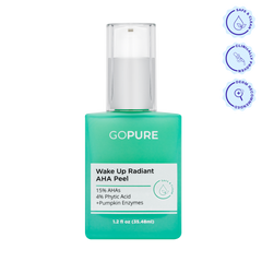 Bottle of goPure Wake Up Radiant AHA Peel with a white pump top and turquoise-green body. The label reads “15% AHAs, 4% Phytic Acid, +Pumpkin Enzymes.” Three circular icons to the right indicate: “Safe & Clean,” “Clinically Proven,” and “Derm Recommended.”