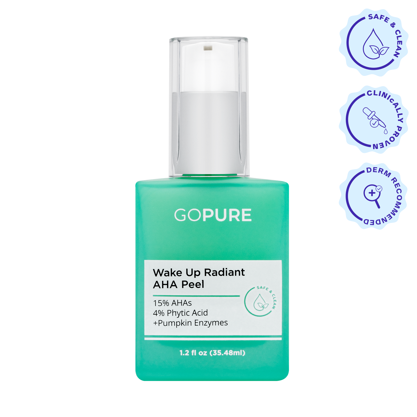 Bottle of goPure Wake Up Radiant AHA Peel with a white pump top and turquoise-green body. The label reads “15% AHAs, 4% Phytic Acid, +Pumpkin Enzymes.” Three circular icons to the right indicate: “Safe & Clean,” “Clinically Proven,” and “Derm Recommended.”
