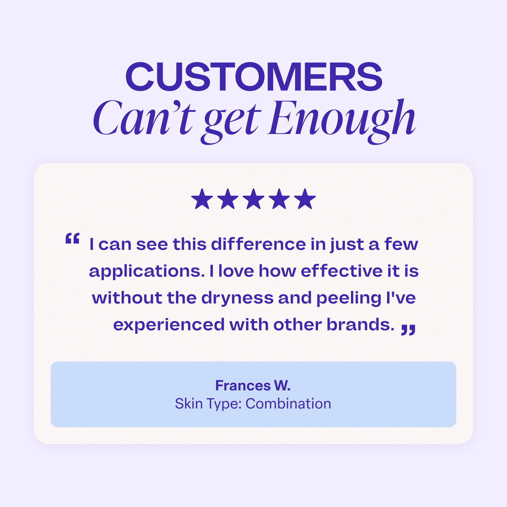 A customer testimonial graphic with the title “Customers Can’t Get Enough” and a five-star rating. The review reads: “I can see this difference in just a few applications. I love how effective it is without the dryness and peeling I’ve experienced with other brands.” The reviewer is credited as “Frances W.” with the skin type “Combination.”