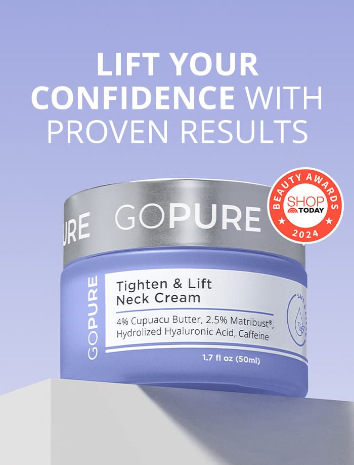 Jar of GoPure Tighten & Lift Neck Cream against a purple background with the text "Lift your confidence with proven results." The label highlights 4% Cupuacu Butter, 2.5% Matrixyl®, Hydrolyzed Hyaluronic Acid, and Caffeine. A "Shop Today Beauty Awards 2024" badge is on the right.