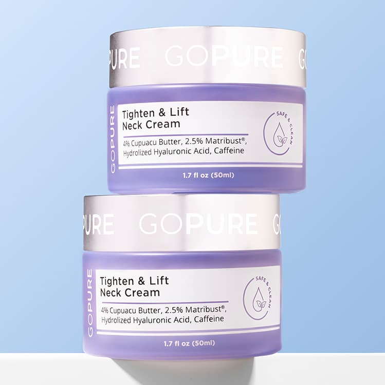 Two jars of GoPure Tighten & Lift Neck Cream stacked against a light blue background. The label highlights 4% Cupuacu Butter, 2.5% Matrixyl®, Hydrolyzed Hyaluronic Acid, and Caffeine.
