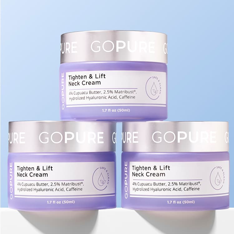 Three jars of GoPure Tighten & Lift Neck Cream against a light blue background. The label highlights 4% Cupuacu Butter, 2.5% Matrixyl®, Hydrolyzed Hyaluronic Acid, and Caffeine.