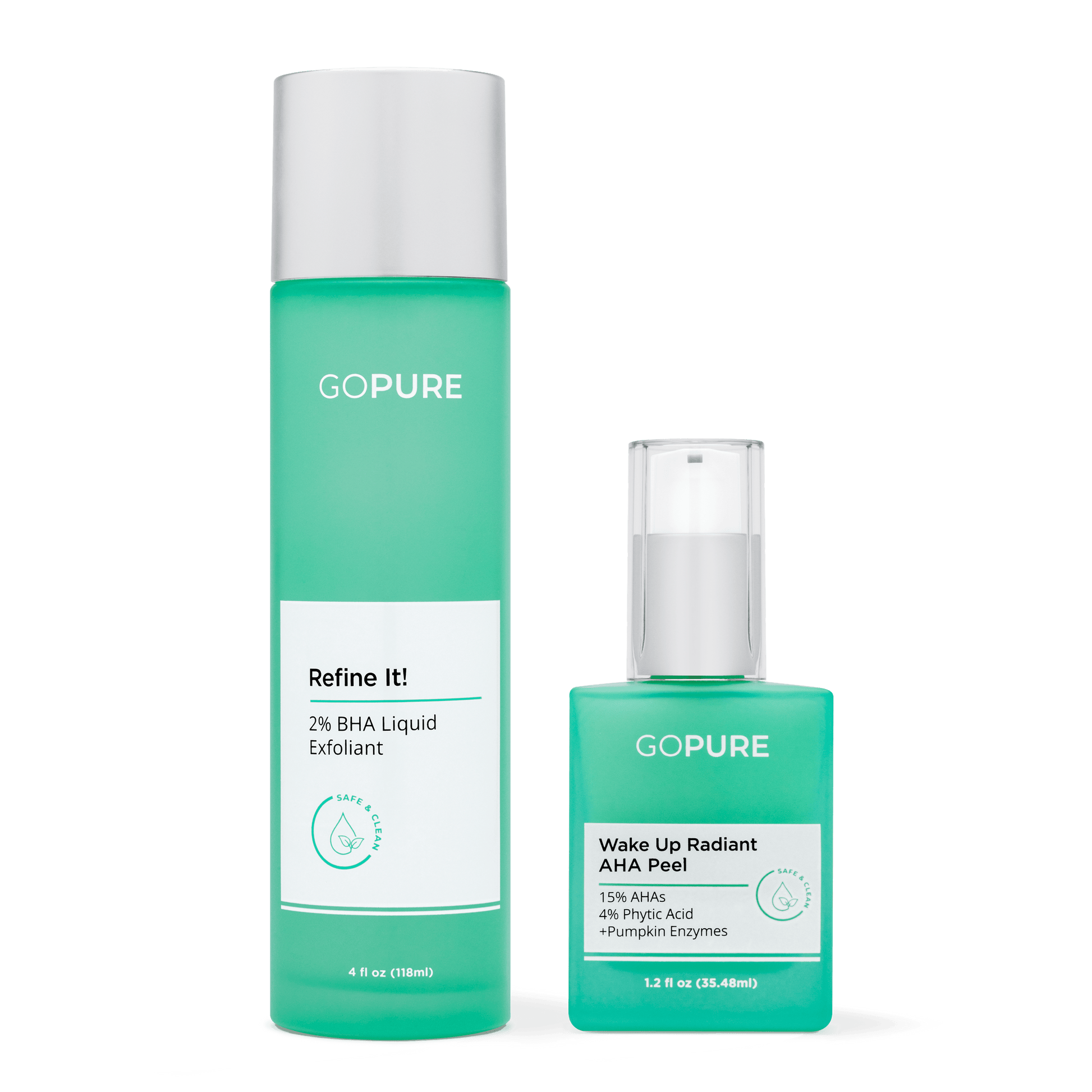 Two GoPure skincare products against a light gray background: a tall bottle of Refine It! 2% BHA Liquid Exfoliant and a shorter bottle of Wake Up Radiant AHA Peel with 15% AHAs, 4% Phytic Acid, and Pumpkin Enzymes.