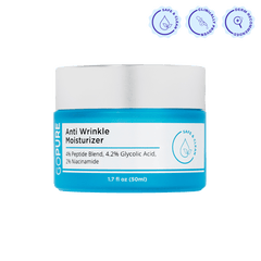 Jar of goPure Anti Wrinkle Moisturizer with a white lid and bright blue container. The label reads: “4% Peptide Blend, 4.2% Glycolic Acid, 2% Niacinamide.” Three icons above indicate “Safe & Clean,” “Clinically Proven,” and “Dermatologist Recommended.”