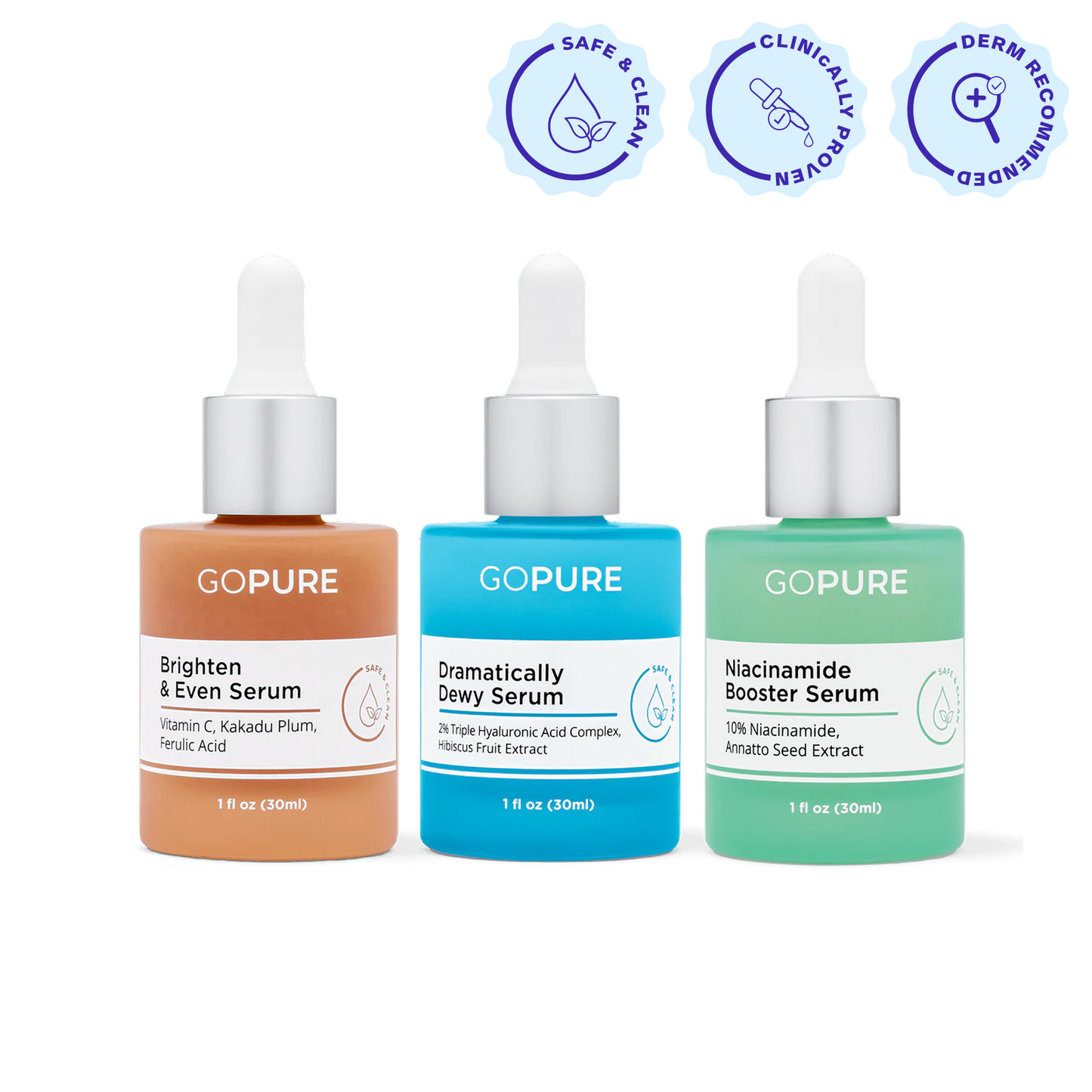 Three colorful goPure serum bottles with droppers shown side by side against a white background. From left to right: Brighten & Even Serum (orange, 1 fl oz/30 mL), Dramatically Dewy Serum (blue, 1 fl oz/30 mL), and Niacinamide Booster Serum (green, 1 fl oz/30 mL). Above them are three icons labeled Safe & Clean, Clinically Proven, and Derm Recommended.