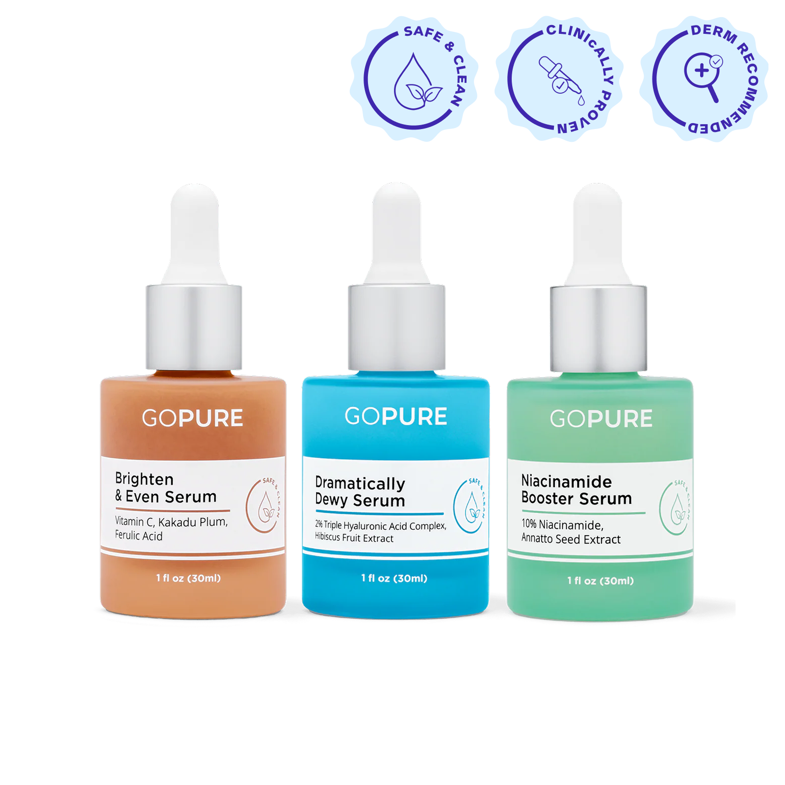 Three colorful goPure serum bottles with droppers shown side by side against a white background. From left to right: Brighten & Even Serum (orange, 1 fl oz/30 mL), Dramatically Dewy Serum (blue, 1 fl oz/30 mL), and Niacinamide Booster Serum (green, 1 fl oz/30 mL). Above them are three icons labeled Safe & Clean, Clinically Proven, and Derm Recommended.