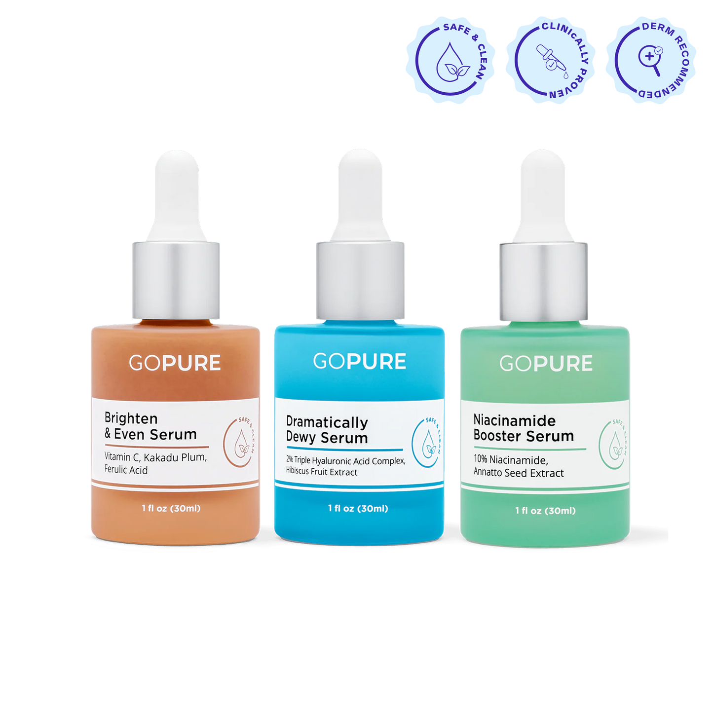 Three colorful goPure serum bottles with droppers shown side by side against a white background. From left to right: Brighten & Even Serum (orange, 1 fl oz/30 mL), Dramatically Dewy Serum (blue, 1 fl oz/30 mL), and Niacinamide Booster Serum (green, 1 fl oz/30 mL). Above them are three icons labeled Safe & Clean, Clinically Proven, and Derm Recommended.