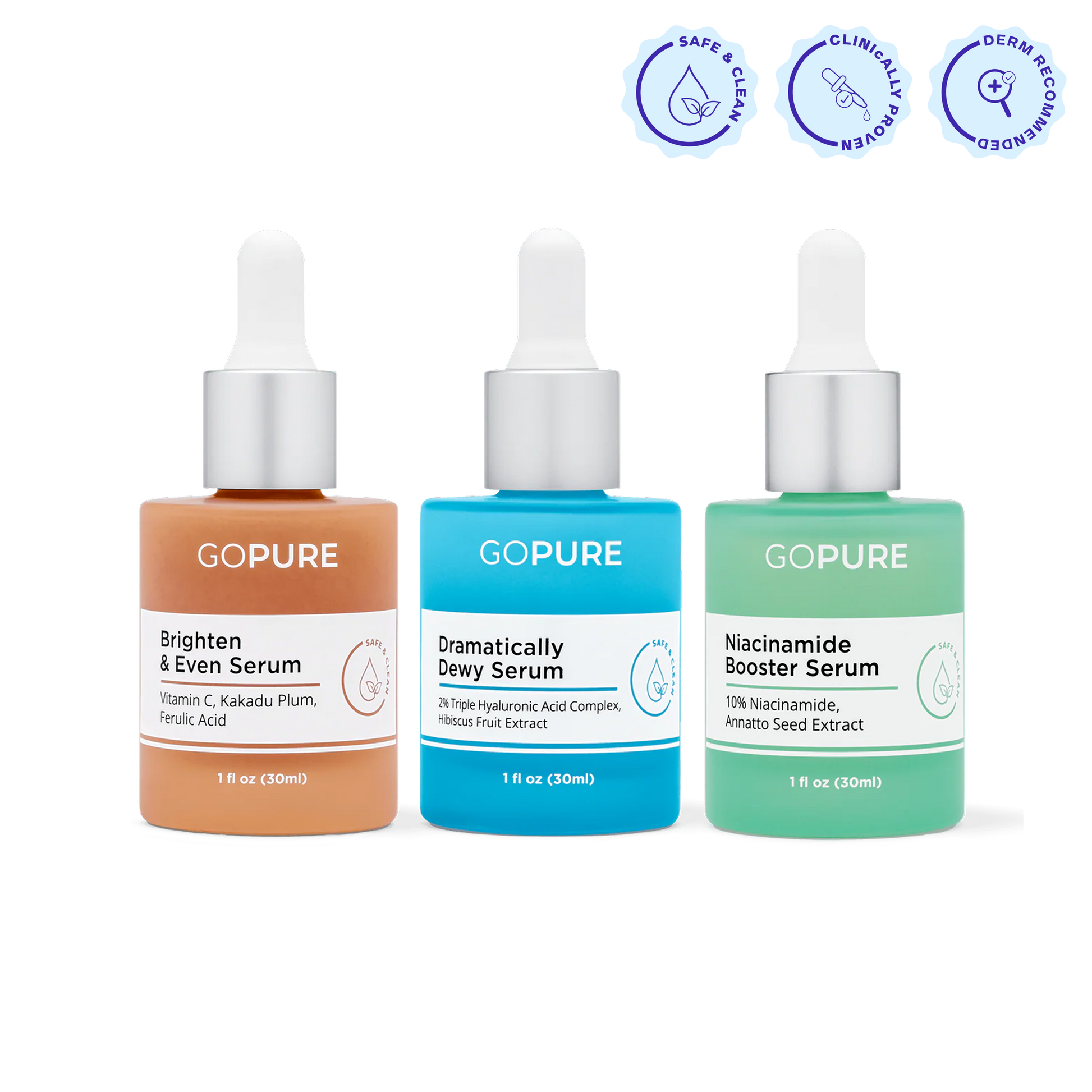 Three colorful goPure serum bottles with droppers shown side by side against a white background. From left to right: Brighten & Even Serum (orange, 1 fl oz/30 mL), Dramatically Dewy Serum (blue, 1 fl oz/30 mL), and Niacinamide Booster Serum (green, 1 fl oz/30 mL). Above them are three icons labeled Safe & Clean, Clinically Proven, and Derm Recommended.